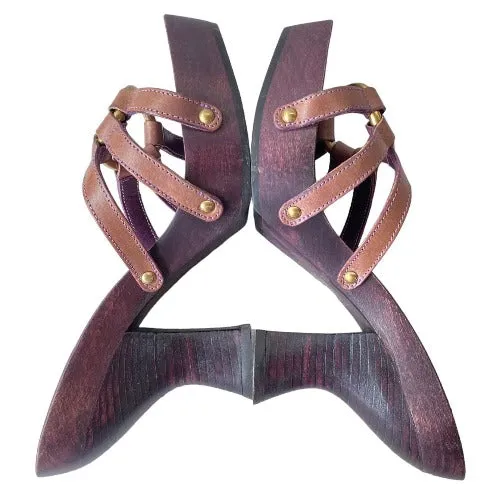 YSL YVES SAINT LAURENT Brown Leather Strappy, Wood Clog Platform Mules, Size 36