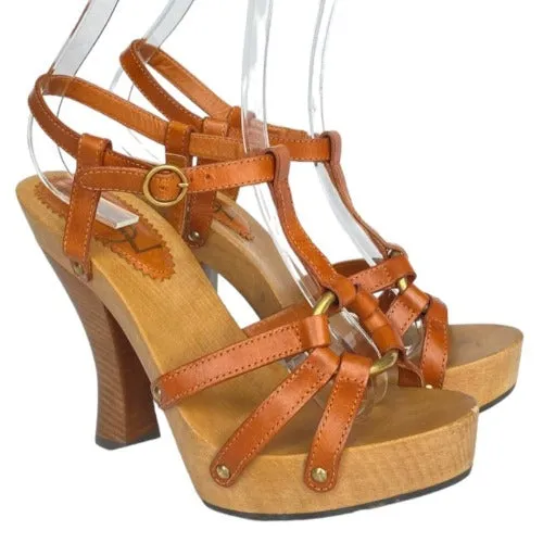 YSL YVES SAINT LAURENT Brown Leather Strappy, Wood Clog Platform Sandals Size 38