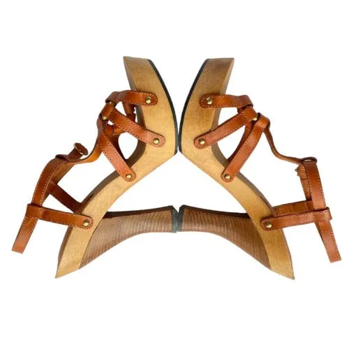 YSL YVES SAINT LAURENT Brown Leather Strappy, Wood Clog Platform Sandals Size 38
