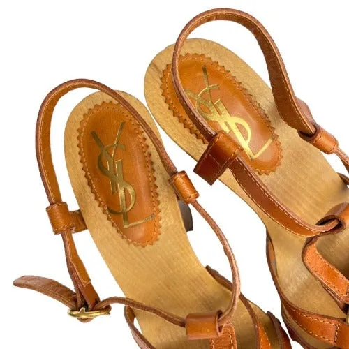 YSL YVES SAINT LAURENT Brown Leather Strappy, Wood Clog Platform Sandals Size 38