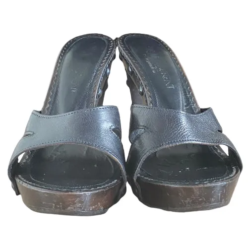 YVES SAINT LAURENT Black Leather Strappy, Wood Clog Platform Mules, Size 38
