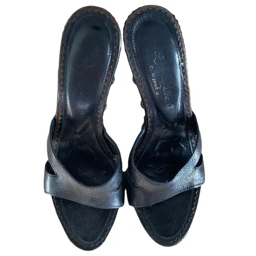 YVES SAINT LAURENT Black Leather Strappy, Wood Clog Platform Mules, Size 38