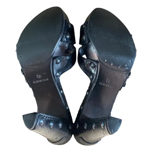 YVES SAINT LAURENT Black Leather Strappy, Wood Clog Platform Mules, Size 38
