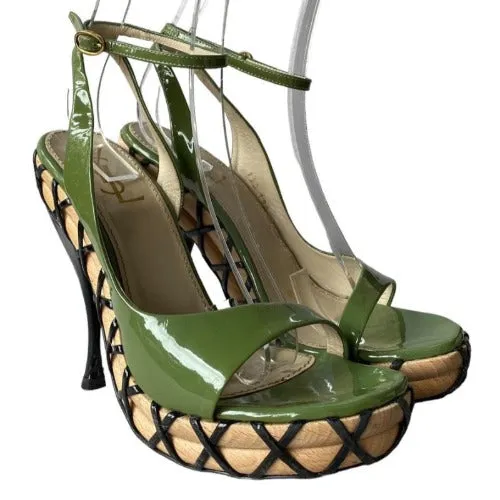 YVES SAINT LAURENT Green Patent Leather Wooden Sole Platform Sandals, Size 36.5