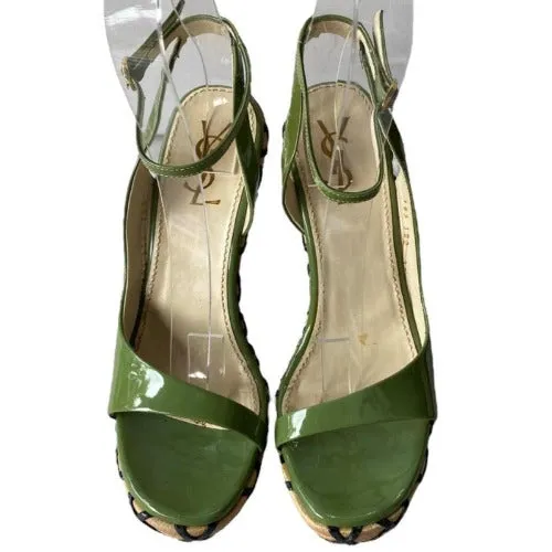 YVES SAINT LAURENT Green Patent Leather Wooden Sole Platform Sandals, Size 36.5