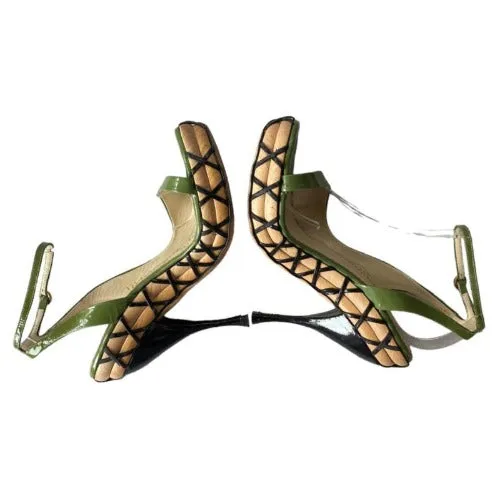 YVES SAINT LAURENT Green Patent Leather Wooden Sole Platform Sandals, Size 36.5