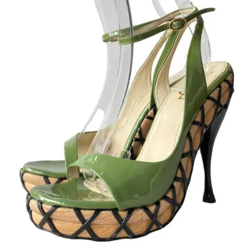 YVES SAINT LAURENT Green Patent Leather Wooden Sole Platform Sandals, Size 36.5