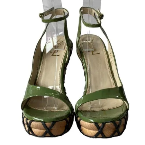 YVES SAINT LAURENT Green Patent Leather Wooden Sole Platform Sandals, Size 36.5