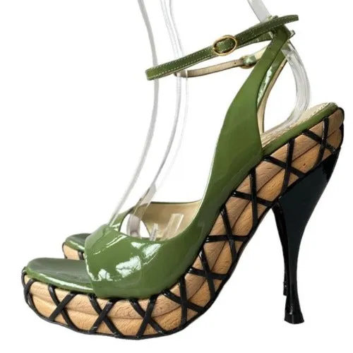 YVES SAINT LAURENT Green Patent Leather Wooden Sole Platform Sandals, Size 36.5
