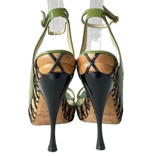 YVES SAINT LAURENT Green Patent Leather Wooden Sole Platform Sandals, Size 36.5