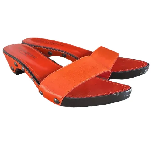 YVES SAINT LAURENT Orange Leather Mid Wooden Heel Clog Mules, Size 38