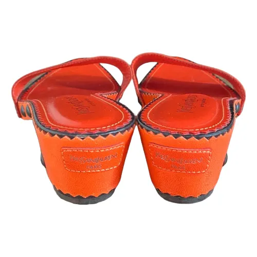 YVES SAINT LAURENT Orange Leather Mid Wooden Heel Clog Mules, Size 38