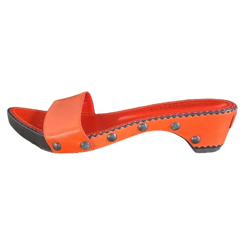 YVES SAINT LAURENT Orange Leather Mid Wooden Heel Clog Mules, Size 38