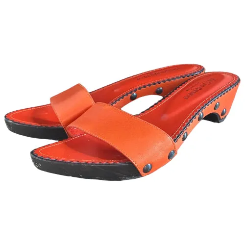 YVES SAINT LAURENT Orange Leather Mid Wooden Heel Clog Mules, Size 38