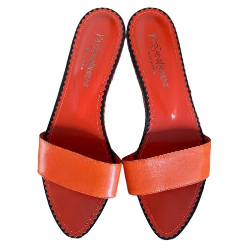 YVES SAINT LAURENT Orange Leather Mid Wooden Heel Clog Mules, Size 38