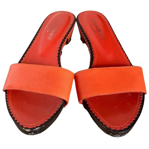 YVES SAINT LAURENT Orange Leather Mid Wooden Heel Clog Mules, Size 38