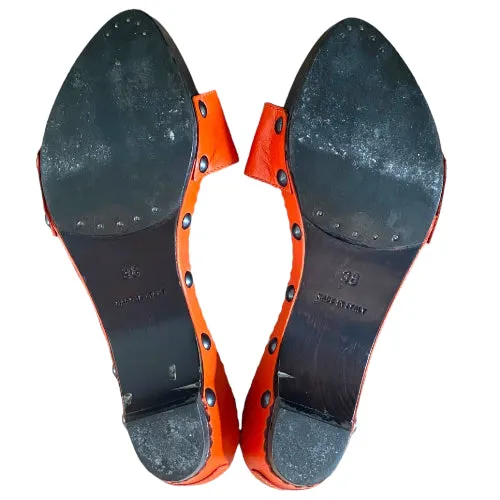 YVES SAINT LAURENT Orange Leather Mid Wooden Heel Clog Mules, Size 38