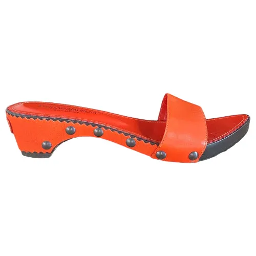 YVES SAINT LAURENT Orange Leather Mid Wooden Heel Clog Mules, Size 38