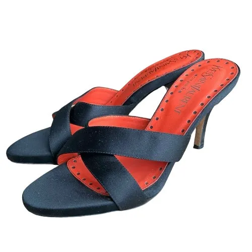 YVES SAINT LAURENT Rive Gauche Black Satin Criss Cross Slide Sandals, Size 37