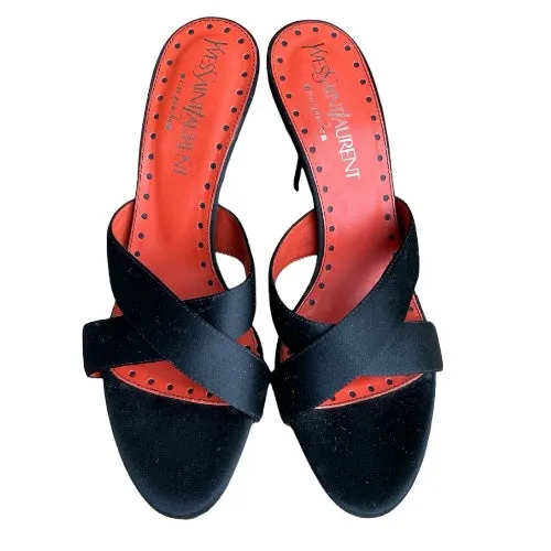 YVES SAINT LAURENT Rive Gauche Black Satin Criss Cross Slide Sandals, Size 37