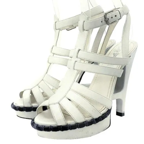 YVES Saint Laurent White Leather Strappy T Strap Heel Sandals, 36.5