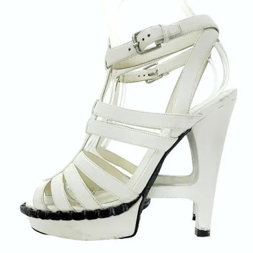 YVES Saint Laurent White Leather Strappy T Strap Heel Sandals, 36.5