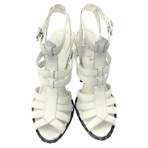 YVES Saint Laurent White Leather Strappy T Strap Heel Sandals, 36.5