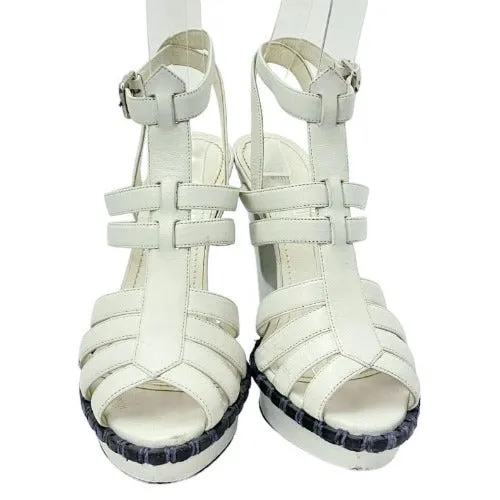 YVES Saint Laurent White Leather Strappy T Strap Heel Sandals, 36.5