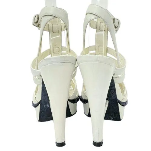 YVES Saint Laurent White Leather Strappy T Strap Heel Sandals, 36.5