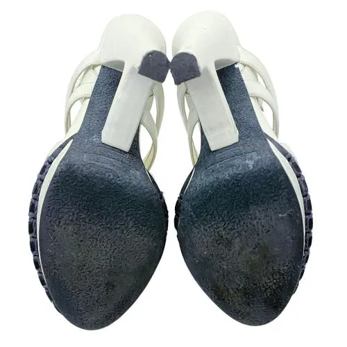 YVES Saint Laurent White Leather Strappy T Strap Heel Sandals, 36.5