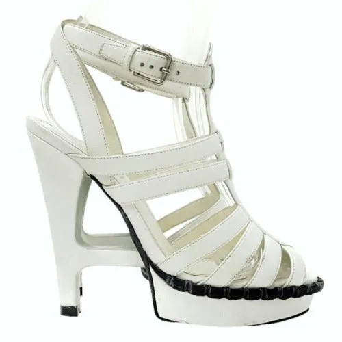 YVES Saint Laurent White Leather Strappy T Strap Heel Sandals, 36.5