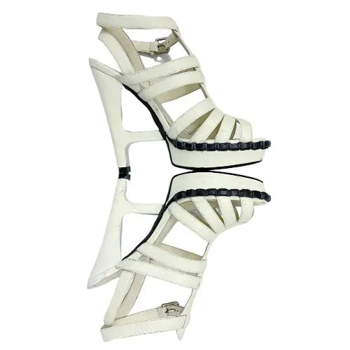 YVES Saint Laurent White Leather Strappy T Strap Heel Sandals, 36.5