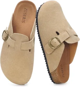 ZUSERIS Women's Men's Suede Clogs Leather Mules Cork Footbed Potato Shoes Comfort Slip on Sandals with Arch Support