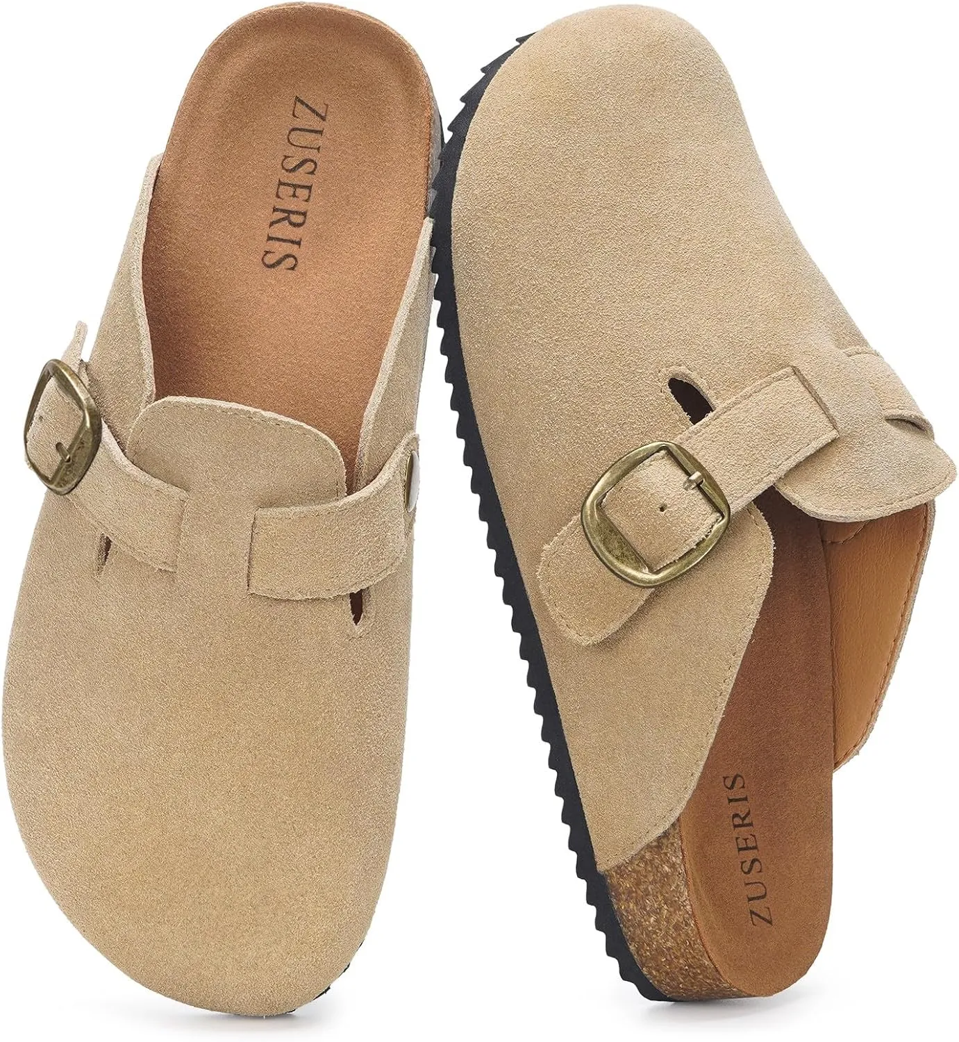 ZUSERIS Women's Men's Suede Clogs Leather Mules Cork Footbed Potato Shoes Comfort Slip on Sandals with Arch Support