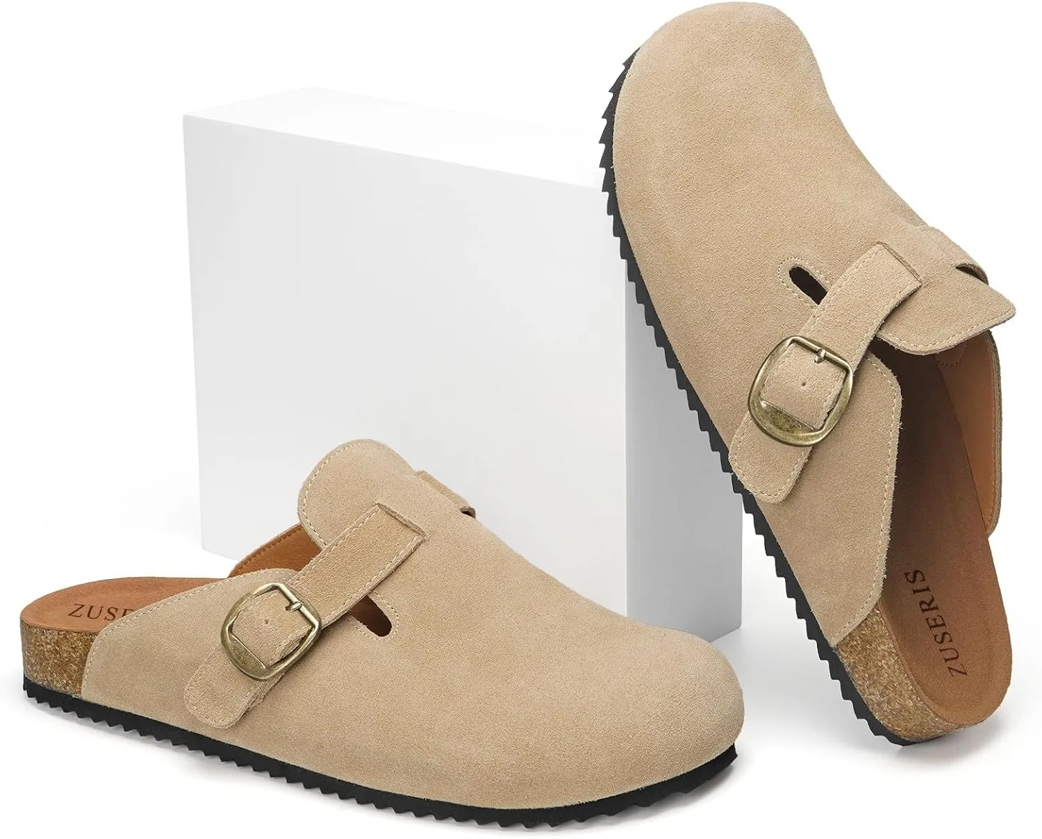 ZUSERIS Women's Men's Suede Clogs Leather Mules Cork Footbed Potato Shoes Comfort Slip on Sandals with Arch Support